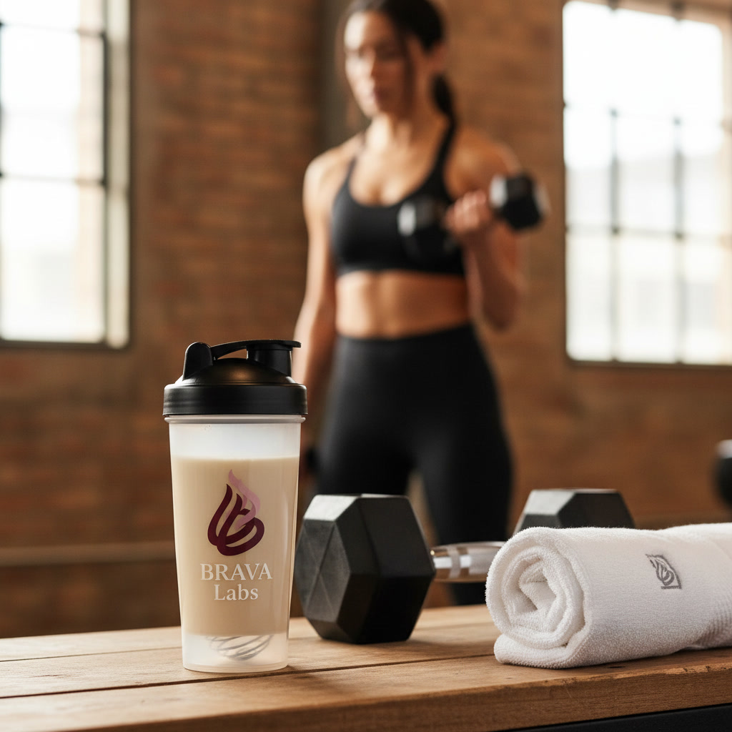 Mujer activa con shaker de proteína BRAVA Labs en el gimnasio